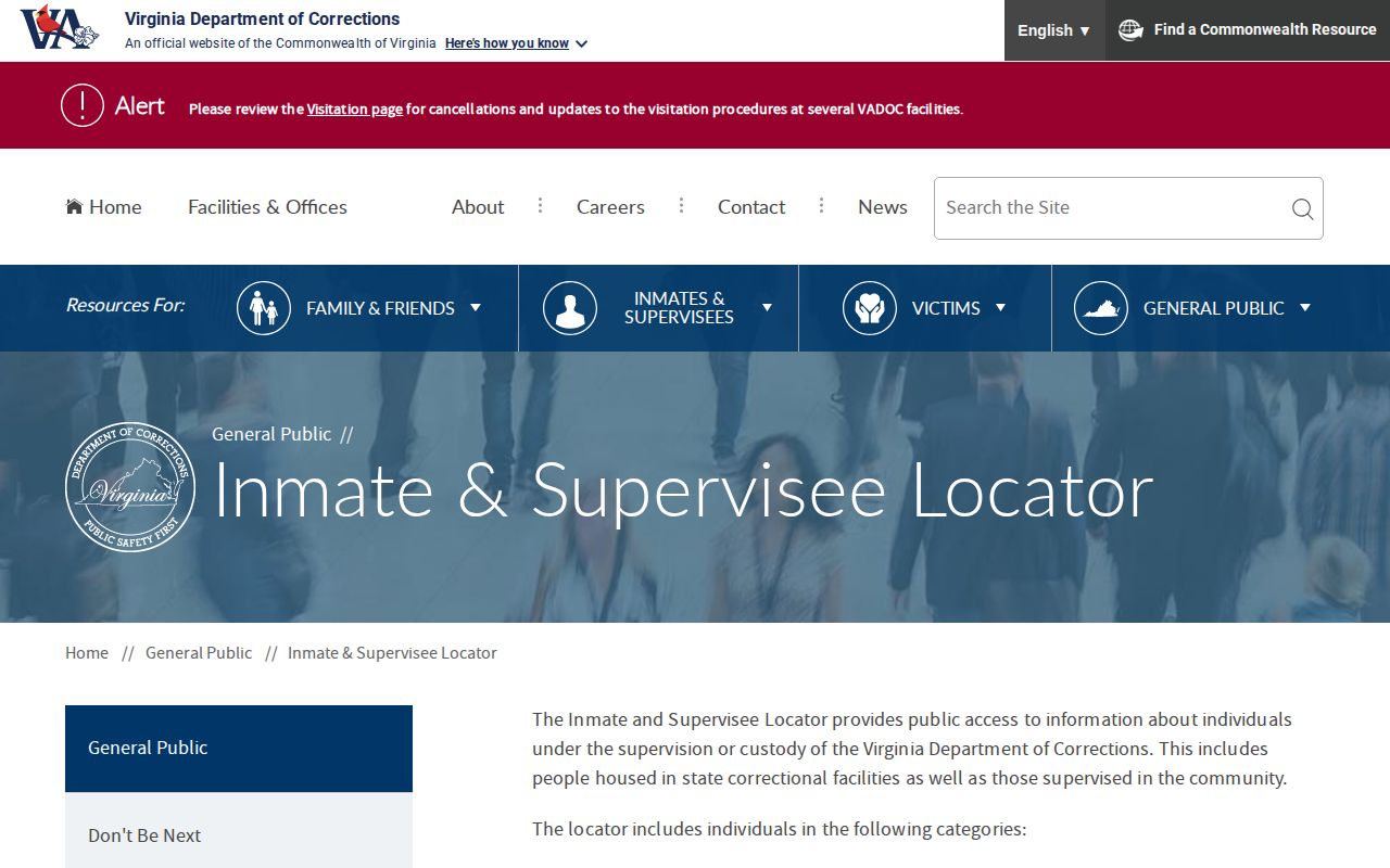 Cumberland County state custody record route at Virginia Department of Corrections locator