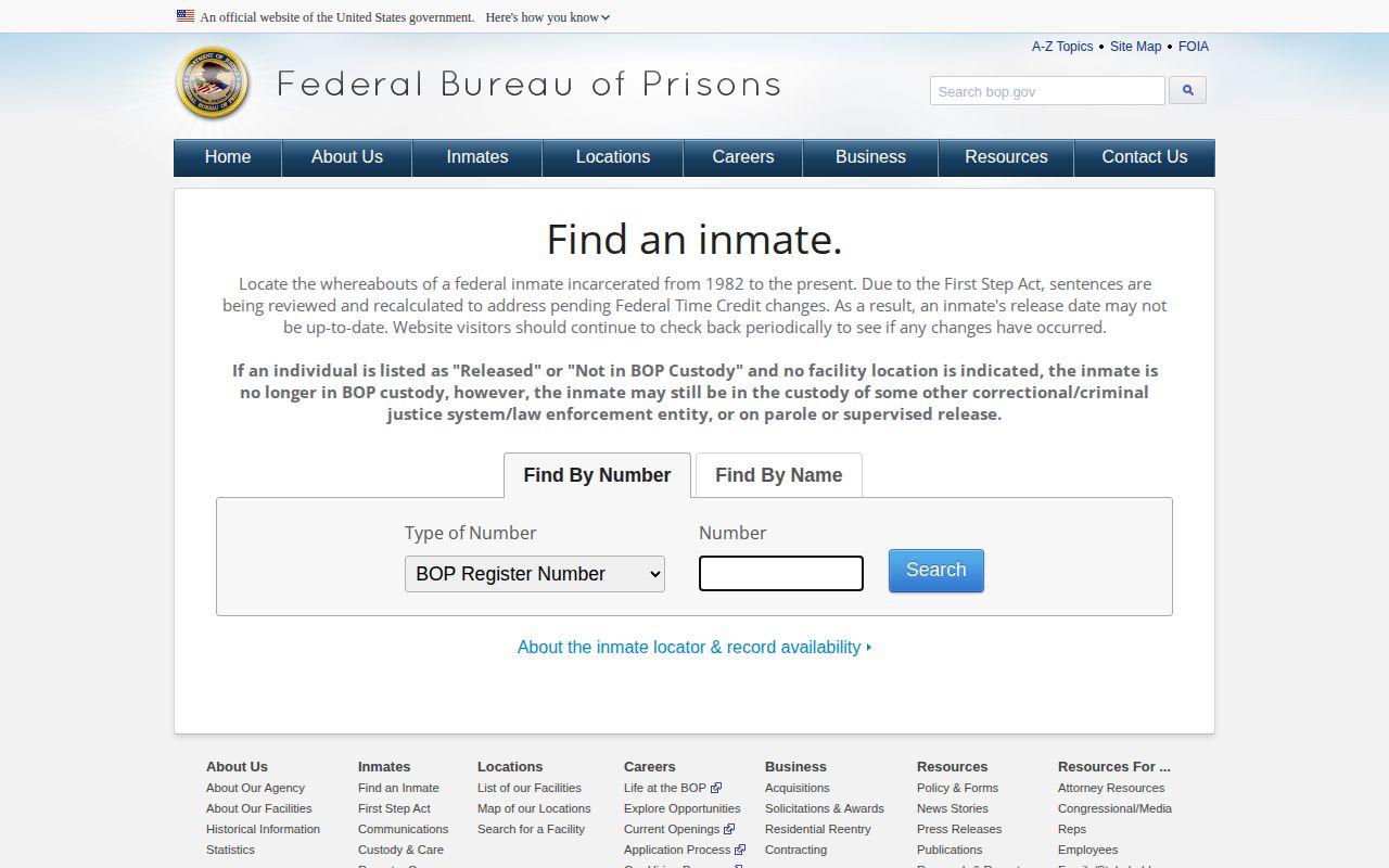 Cumberland County federal custody record context at BOP inmate locator