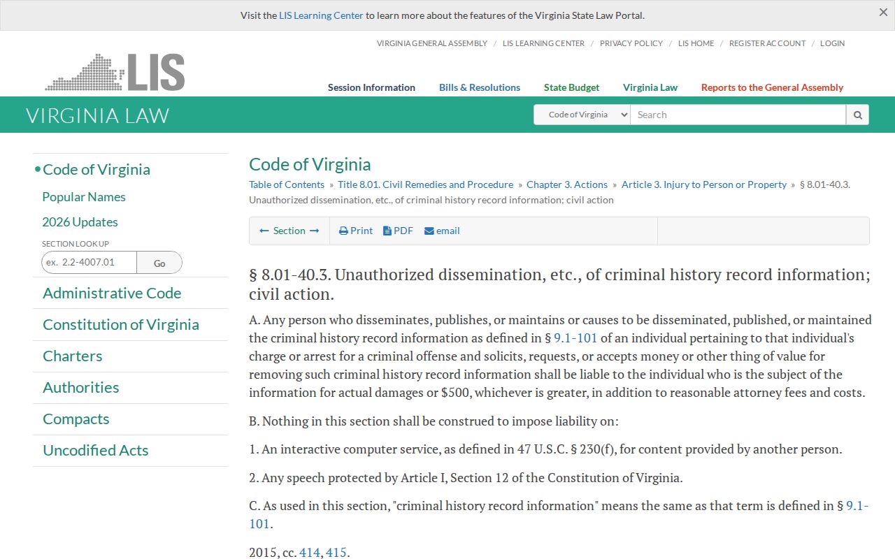 Cumberland County mugshot record law source for Virginia Code section 8.01-40.3