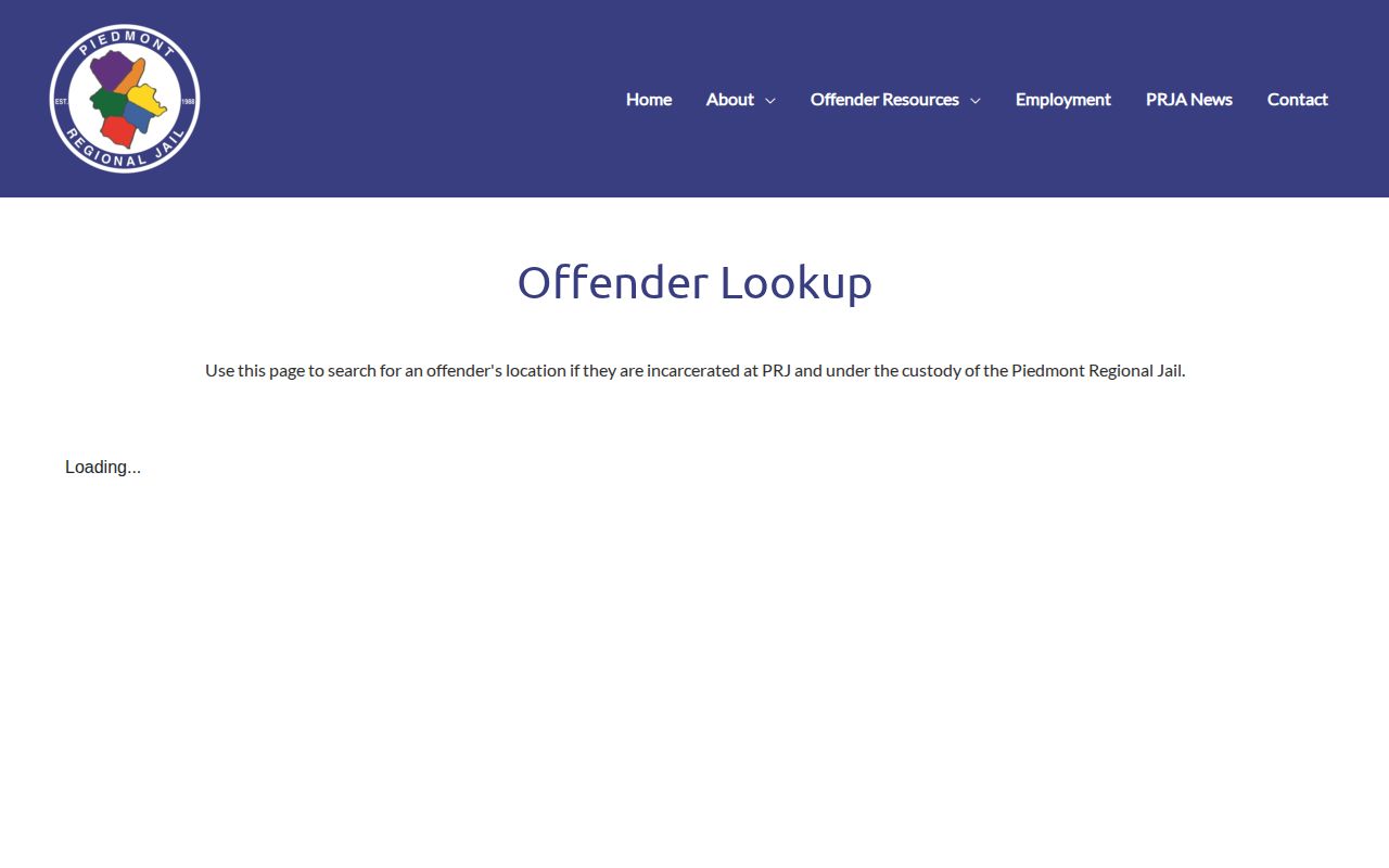 Cumberland County booking record route at Piedmont Regional Jail offender lookup