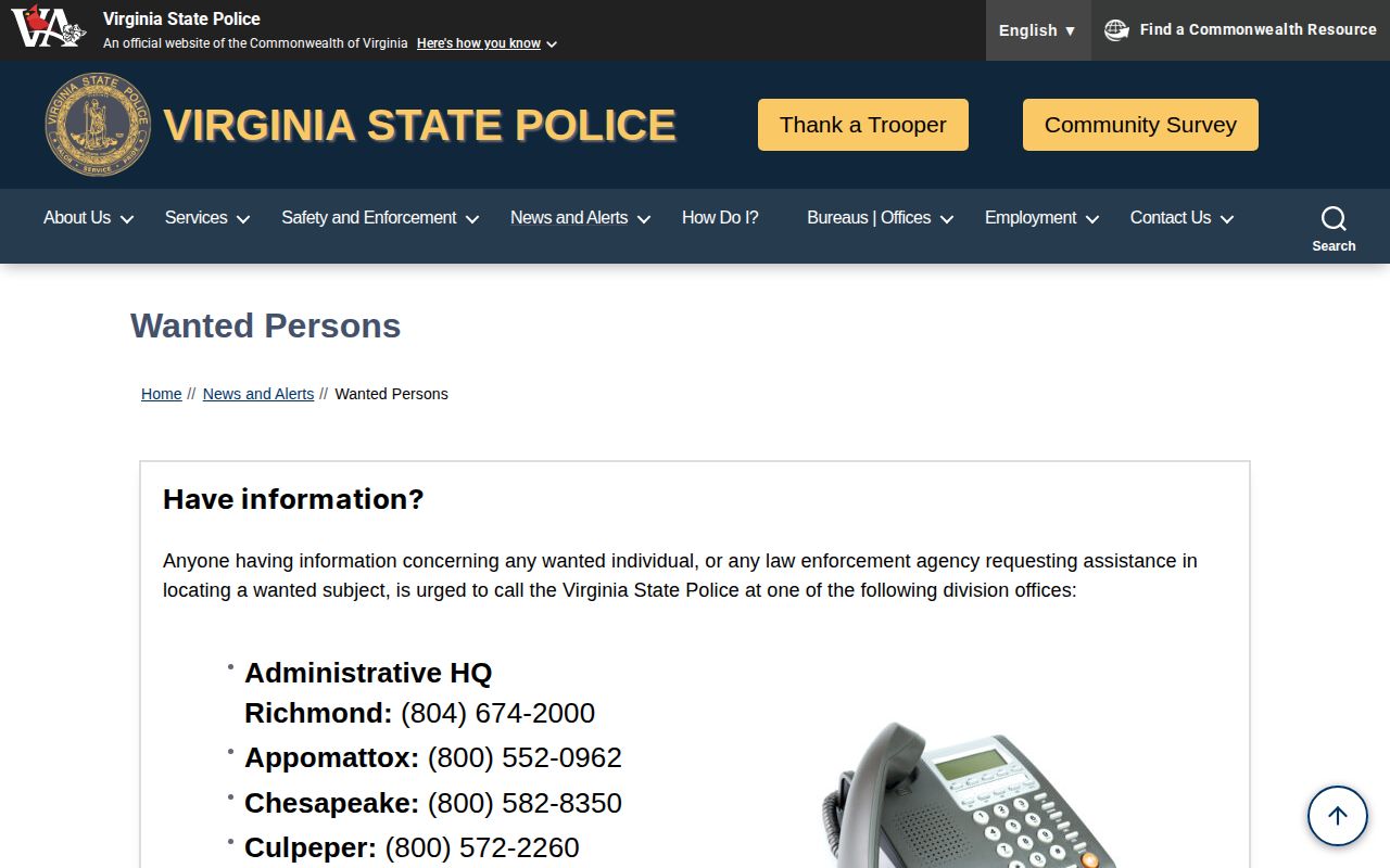 Cumberland County warrant check context on Virginia State Police wanted persons page